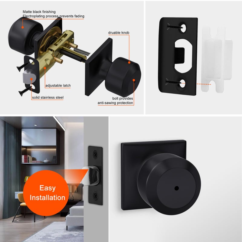 Haidms 6 Pack Black Door Knobs Interior  Privacy Interior Door Knob for Bedroom or Bathroom  Matte Black Door Knobs - Image 3